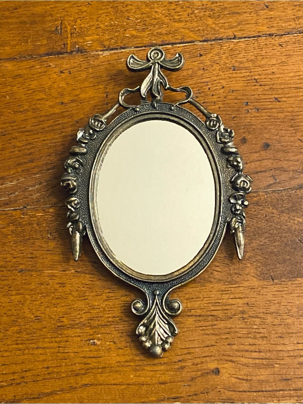 VTG Italian Ornate Brass Oval Wall Mirror Ribbon Bow Floral Motif Art Nouveau